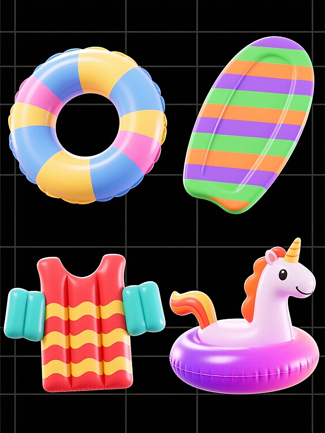 四个不同色彩方案的3D卡通风格夏季水上玩具，保持圆润造型和高光泽质感，纯色背景，规整网格排布：左上为粉蓝黄拼色游泳圈，右上为绿橙紫条纹水上浮板，左下为红青黄波浪纹水袖，右下为橙紫粉渐变充气独角兽坐骑，每个玩具都有清晰的高光反射和立体阴影，整体风格统一且色彩明快活泼。
