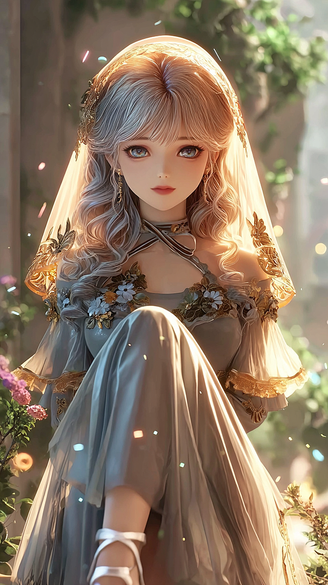 masterpiece, best quality, 8k, ultra-detailed, CG anime girl, full body shot, slender figure, gray tulle long dress with floral embroidery, waist ribbon bow, golden brown wavy hair with tulle headscarf, outdoor natural light, warm bright tone, soft tulle luster, clear embroidery, white strappy soft-soled flat shoes, garden background, detailed face (refer to face reference), gentle temperament, sun-kissed skin