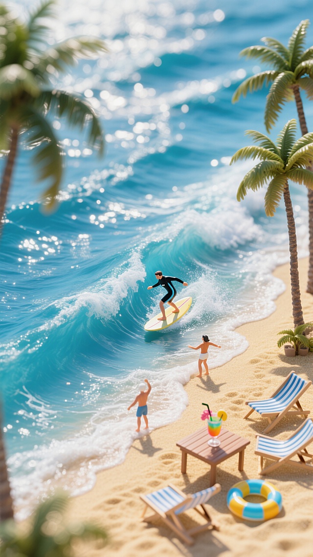 3D微缩艺术风，液态海浪与舒适沙滩，清新色彩营造夏日度假氛围。