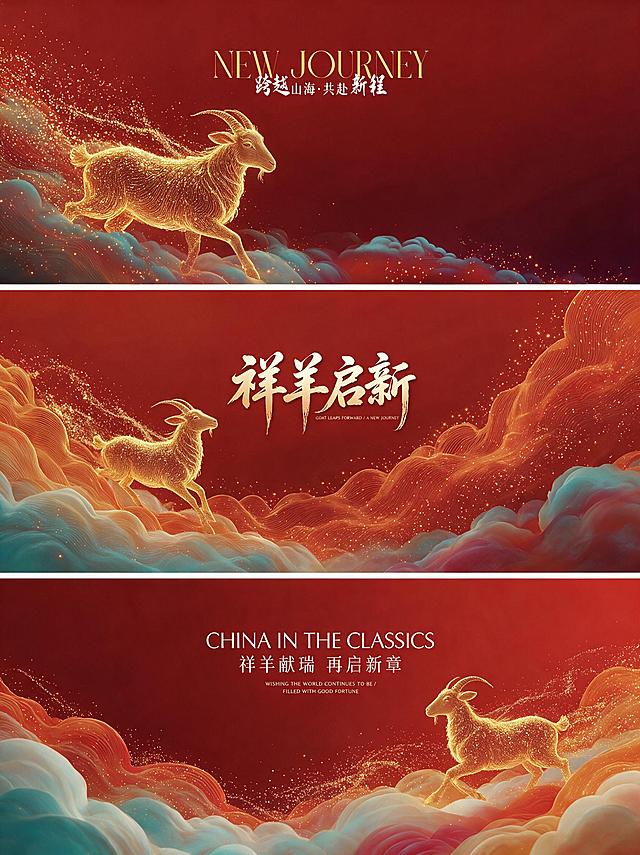 保持原图的红色渐变背景、金色线条粒子风格、祥云山峦元素和整体构图不变，将画面中的马元素替换为羊，羊采用同样的金色线条粒子发光效果，姿态优雅向前，与整体新中式国潮风格统一