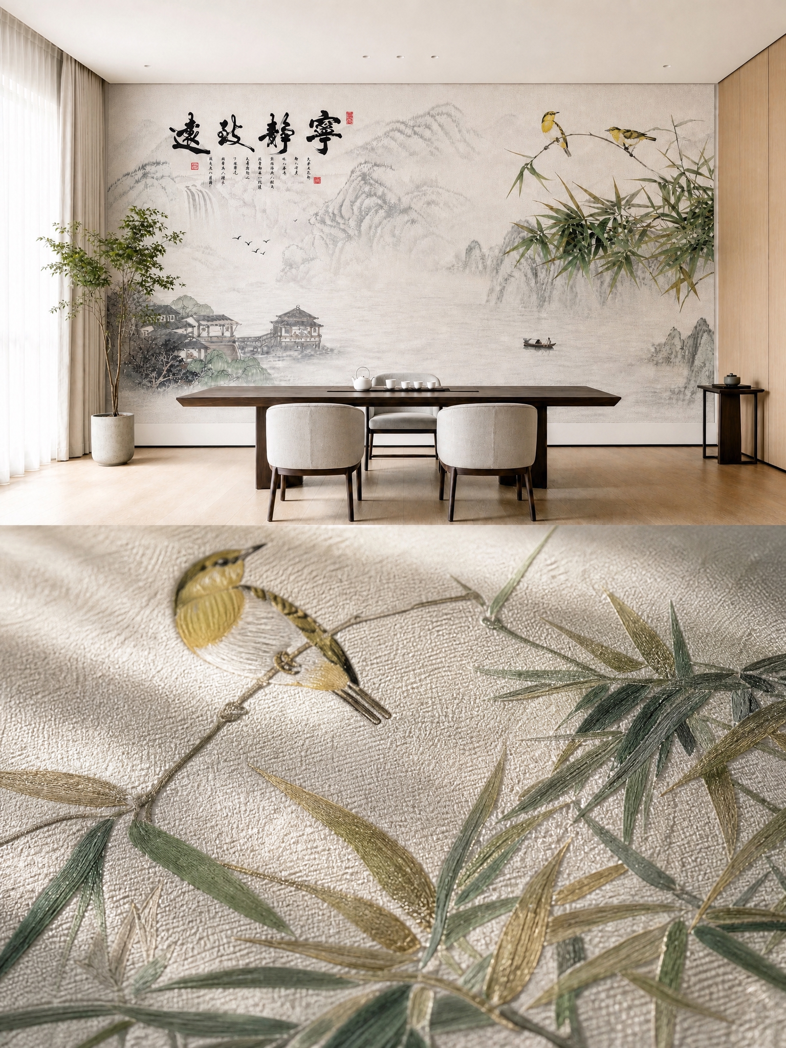 将图片上下分割，上半部分保留原图的茶室场景与整面刺绣硬包背景墙… - 图片创意预览