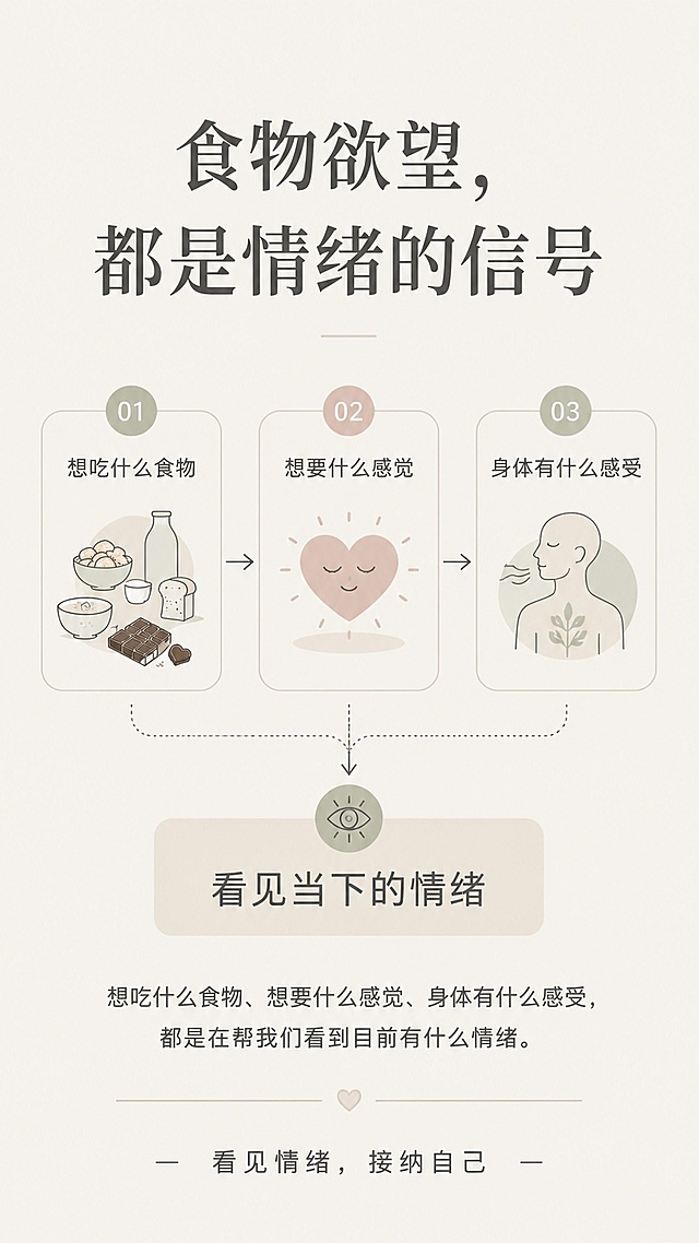 基于原图重新设计，增加逻辑框架感，简约高级风格，竖版9:16比例。顶部主标题"食物欲望，都是情绪的信号"。中间设计三层递进逻辑框架，用箭头连接：第一层（左）"想吃什么食物"配极简食物小图标 → 第二层（中）"想要什么感觉"配心形/感受图标 → 第三层（右）"身体有什么感受"配身体/呼吸图标，三层用箭头指向最终结论"看见当下的情绪"。底部保留文案"想吃什么食物、想要什么感觉、身体有什么感受，都是在帮我们看到目前有什么情绪。"和装饰语"看见情绪，接纳自己"。整体用线条和箭头构建清晰的逻辑递进关系，莫兰迪低饱和配色，浅米色背景，深灰文字，排版精致有结构感，留白充足，高级简约。画面中所有文字必须准确清晰。画面中必须完整呈现以下文字：食物欲望，都是情绪的信号；想吃什么食物；想要什么感觉；身体有什么感受；看见当下的情绪；想吃什么食物、想要什么感觉、身体有什么感受，都是在帮我们看到目前有什么情绪。；看见情绪，接纳自己