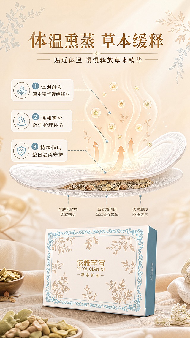 [商品] 使用【图1】依雅芊兮草本护垫产品包装盒在底部展示；保留包装原貌；主体为体温熏蒸草本精华机理可视化效果。
[画面] 目标：展示体温熏蒸草本精华的作用机理，体现草本成分通过体温缓慢释放的护理概念；构图：中部为护垫侧视剖面+体温熏蒸机理示意（温热气流从护垫缓缓上升，草本精华分子随气流飘散），占画面约55%，底部放置产品包装盒，顶部为标题区；背景为暖米色渐变+柔和光晕，营造温暖熏蒸氛围；阅读动线从顶部标题到中部机理示意再到底部产品。
[视觉] 套系策略：风格=国内电商高级草本女性风商业摄影；标题字=优雅宋体粗体；正文字=简洁无衬线体；主色=米杏色；背景延展=基于米杏色做深浅层级、同色渐变和细腻纸张/织物质感，叠加浅蓝与浅棕草本元素；强调色=雾霾蓝，仅用于小面积图标、引线和标签；标题色=深棕金；正文色=暖棕灰；组件=圆角浅底信息卡、细线引线、圆形草本icon；光影=暖调柔光，机理示意部分有温暖光晕，整体氛围温润舒适。
[文字] 顶部主标题「体温熏蒸 草本缓释」，副标题「贴近体温 慢慢释放草本精华」；中部机理旁用引线标注3个要点：1.体温触发 草本精华缓缓释放 2.温和熏蒸 舒适护理体验 3.持续作用 整日温柔守护；文字全部横向排版。
[规格] 图片比例9:16竖版，4K分辨率，负向提示：避免变形、错字、文字过小、医疗功效承诺、治疗消炎杀菌等表述、冷蓝灰主背景、产品包装文字错乱、机理示意夸张不实。