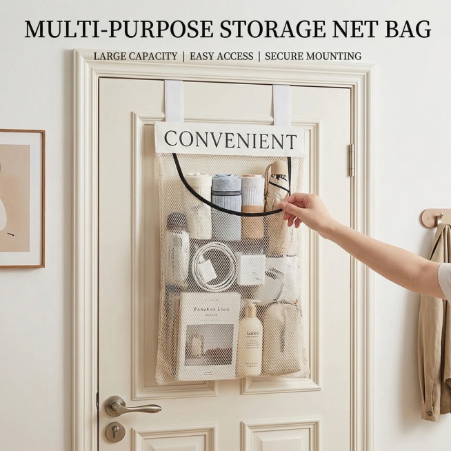 壁挂式魔术贴网兜大容量收纳挂袋展示其多功能用途，挂在美式简约风格的卧室门后，用来收纳杂物，突出收纳网兜产品主体，质感高级，整体干净清爽吸引人购买，所有文字均为英文，文字为"CONVENIENT", "预览效果