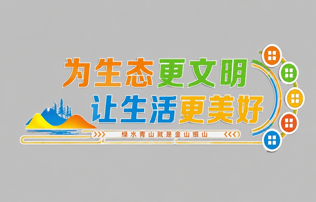 彩色字体，灰色背景，干净的背景，端庄稳重的创意黑体字体设计十二个字"为生态更文明 让生活更美好"，保持字体、文字内容和原有配色不变，变换整体造型让设计更端庄规整，适合会议室展示使用。保留原有配色方案：预览效果