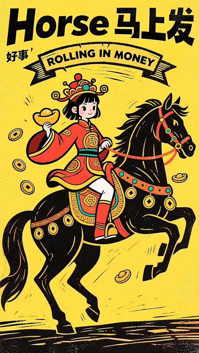 国潮风卡通人物骑黑马，手持金元宝，喜庆漫画风格，印刷质感，寓意“马上发”，节日氛围浓厚。