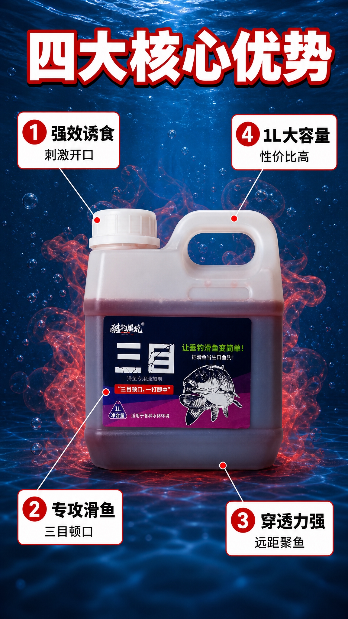[商品] 使用【图2】三目滑鱼专用添加剂1L桶装正面图；保留壶… - 图片创意预览