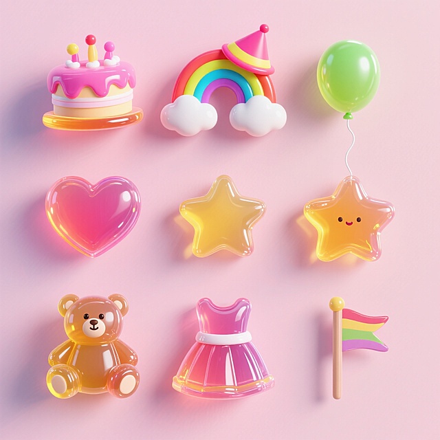 9个Q版图标（元素独立区域）：蛋糕、小熊软糖、彩虹、帽子、气球、爱心、星星、裙子、小旗子，撞色，淡粉色背景