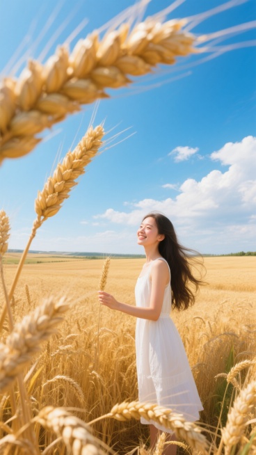 超写实风格麦田摄影，金黄饱满的麦穗在风中微微摇曳，麦芒清晰可见，展现出细腻的质感和丰富的层次。广阔的麦田延伸至远方地平线，天空湛蓝，点缀着几朵蓬松的白云，阳光明媚，光线充足，形成明亮温暖的色调。麦田中站立着一位身着白色连衣裙的少女，她的长发被风吹起，面带微笑，伸出手轻轻触碰麦穗，与自然融为一体。整体画面构图采用三分法，主体突出，色彩和谐，氛围宁静而美好，充满生机与希望。预览效果