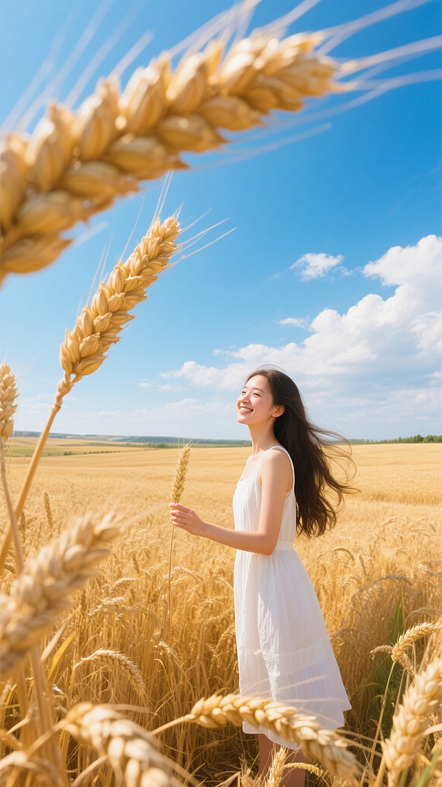 超写实风格麦田摄影，金黄饱满的麦穗在风中微微摇曳，麦芒清晰可见，展现出细腻的质感和丰富的层次。广阔的麦田延伸至远方地平线，天空湛蓝，点缀着几朵蓬松的白云，阳光明媚，光线充足，形成明亮温暖的色调。麦田中站立着一位身着白色连衣裙的少女，她的长发被风吹起，面带微笑，伸出手轻轻触碰麦穗，与自然融为一体。整体画面构图采用三分法，主体突出，色彩和谐，氛围宁静而美好，充满生机与希望。