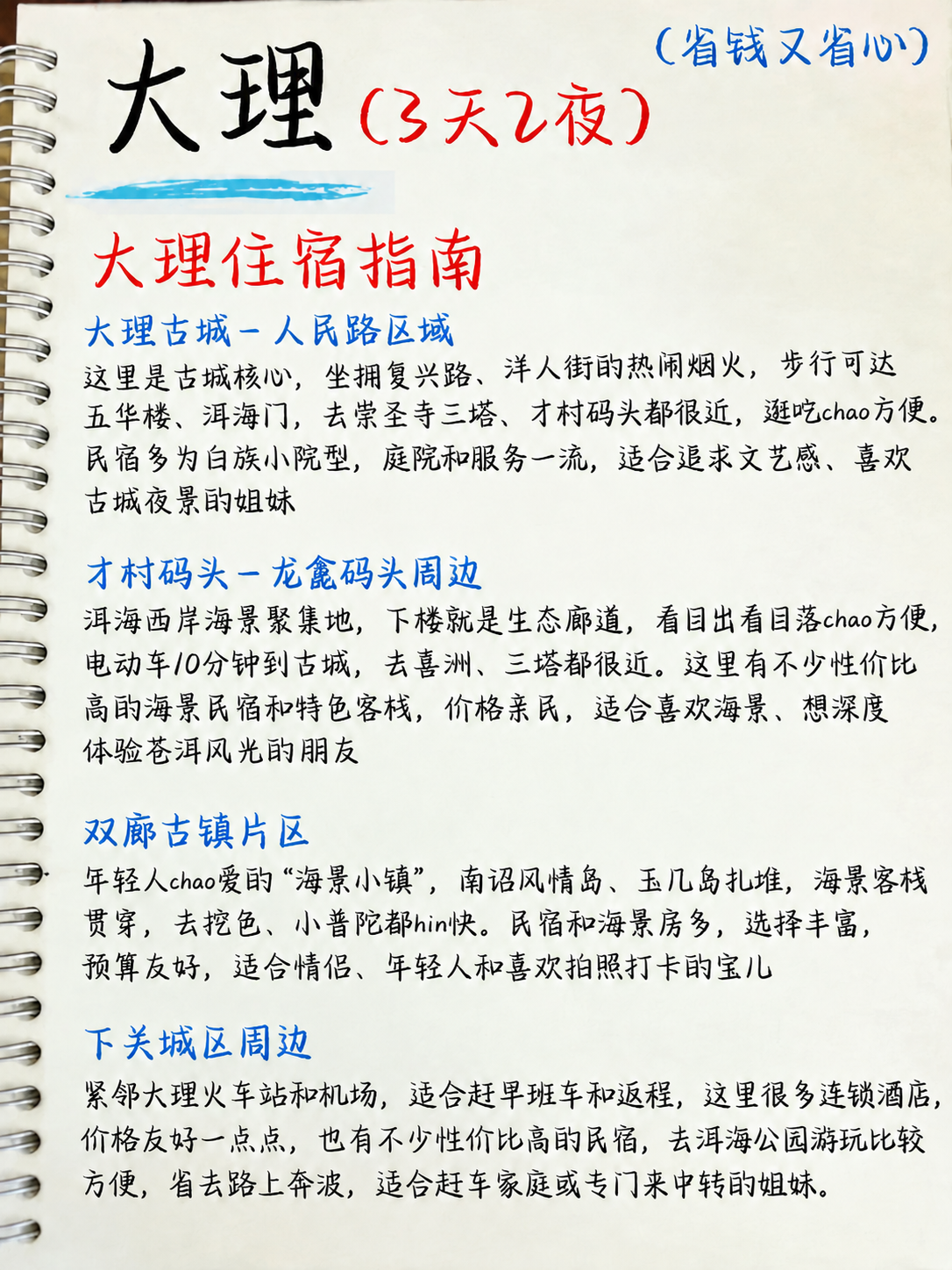 基于这张大理住宿指南的手账图片，修改其中的文案，保持原有的笔记… - 图片创意预览