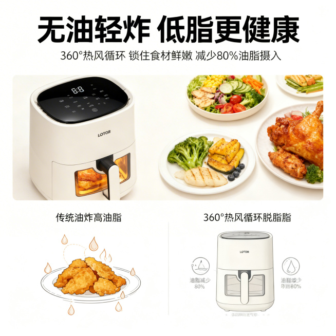 1:1竖版电商健康卖点主图，8K超高清，写实摄影搭配创意可视化设计，和首图保持统一的日系治愈暖调风格，严格还原奶白色LOTOR小浣熊可视空气炸锅的包装设计、颜色、LOGO位置、文字内容、图案元素等所有预览效果
