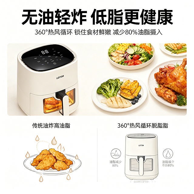 1:1竖版电商健康卖点主图，8K超高清，写实摄影搭配创意可视化设计，和首图保持统一的日系治愈暖调风格，严格还原奶白色LOTOR小浣熊可视空气炸锅的包装设计、颜色、LOGO位置、文字内容、图案元素等所有细节，产品尺寸比例1:1。画面上半部分为空气炸锅30°俯拍角度，搭配低脂轻食沙拉、烤时蔬、无油炸鸡摆盘，下半部分做创意可视化对比：左侧为传统油炸的高油脂示意图，右侧为空气炸锅360°热风循环脱油脂示意图，用极简图标标注"油脂减少80%"的核心数据。画面顶部居中主标题用加粗无衬线字体，文案为"无油轻炸 低脂更健康"，副标题在主标题下方，文案为"360°热风循环 锁住食材鲜嫩 减少80%油脂摄入"，字体为纤细无衬线体。整体画面杂志级上下分栏精致排版，卖点数据可视化，色彩与整体风格统一，画面干净高级，突出健康轻食核心卖点。