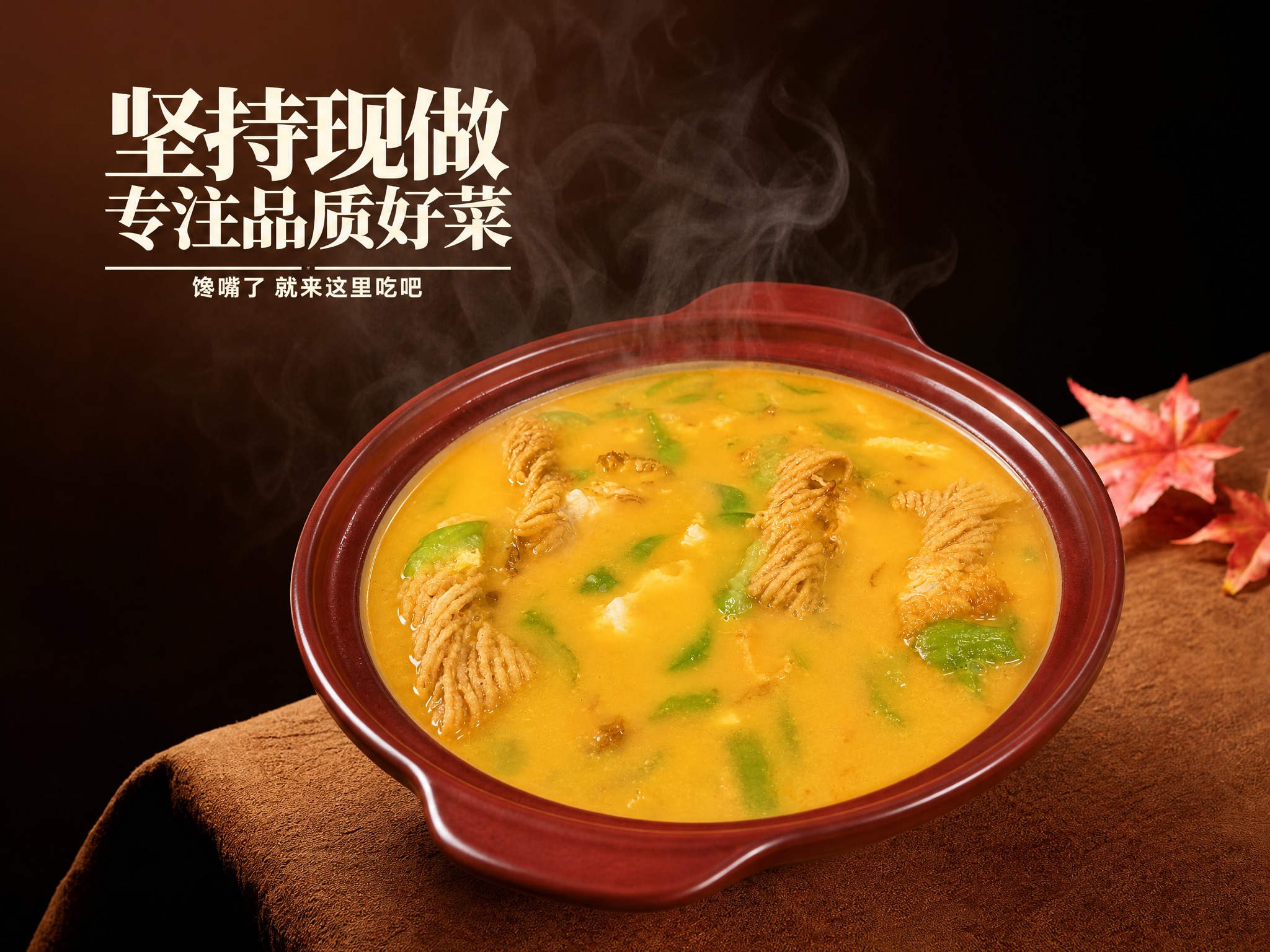 参考图1的背景和文字风格：深棕色渐变背景、棕色桌布、热气腾腾的… - 图片创意预览