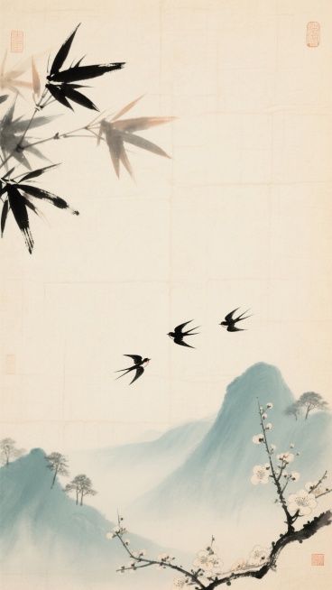 中国水墨画风格，以淡墨和青绿色为主色调，画面左上角有几片竹叶以写意笔触呈现，叶片边缘略带墨色晕染，右下角是朦胧的远山轮廓，山间点缀几棵浅墨色树木，三只飞鸟呈“人”字形排列于画面中下部，背景采用米黄色宣纸纹理，整体构图留白充足，营造出宁静悠远的东方意境，色调改为以赭石色和淡蓝色为主，背景替换为描绘梅花枝干与淡雅花朵的中国风样式，保持原有的水墨韵味和写意笔触。预览效果