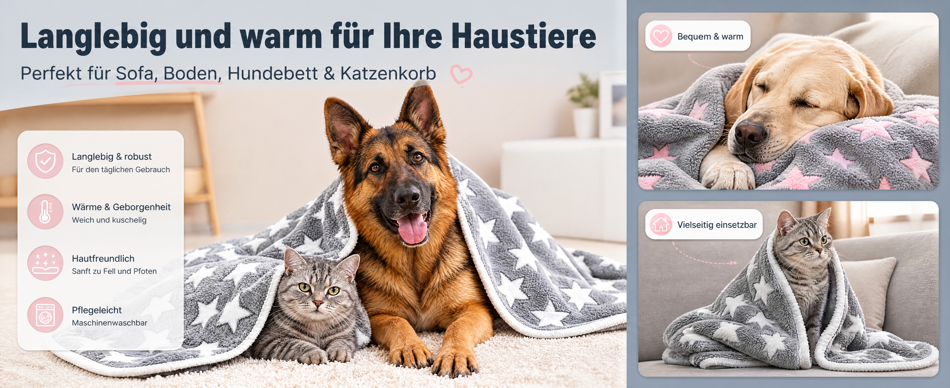 [商品] 使用【图5】德国牧羊犬+欧洲短毛猫共裹灰底白星宠物毯… - 图片创意预览