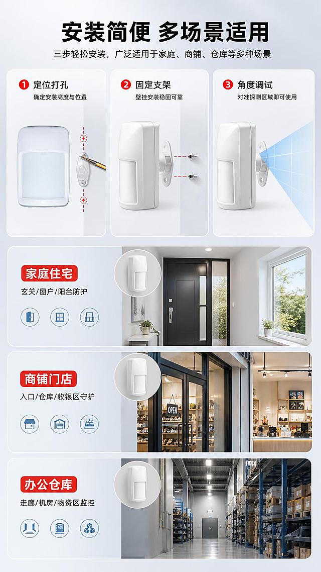 [商品] 使用【图1】域适都红外双鉴探测器侧面壁挂安装图和正面图；保留产品白色外壳、壁挂支架、颜色和材质不变；设备外观严格保持原图不变。
[画面] 目标：安装步骤+多场景应用展示。构图：上半部分3步安装步骤横向排列（定位-固定-调试），配简化安装示意图；下半部分3个应用场景拼图（家庭玄关、商铺门口、仓库通道），每个场景内嵌产品安装示意。背景：浅灰渐变+浅蓝色调，各场景用柔和光效区分。阅读动线：从上到下。
[视觉] 套系策略：风格=报警行业专业商业摄影，克制高级；标题字=现代无衬线粗黑体；正文字=简洁无衬线体；主色=浅灰+浅蓝色；背景延展=基于浅灰做场景化深浅层级、柔和棚拍光效；强调色=警示红，仅用于步骤序号和场景标签；标题色=黑色；正文色=深灰；组件=圆角步骤卡片、场景分割线、安装示意图标；光影=均匀柔光，场景区自然光线感。
[文字] 主标题（黑色大字）："安装简便  多场景适用"；安装步骤1："定位打孔  确定安装高度与位置"；安装步骤2："固定支架  壁挂安装稳固可靠"；安装步骤3："角度调试  对准探测区域即可使用"；场景1："家庭住宅  玄关/窗户/阳台防护"；场景2："商铺门店  入口/仓库/收银区守护"；场景3："办公仓库  走廊/机房/物资区监控"。所有文字横排。
[规格] 图片比例9:16竖版，4K，负向提示：避免产品变形、深色背景、高饱和彩色、文字竖排、空白区域、极限词。