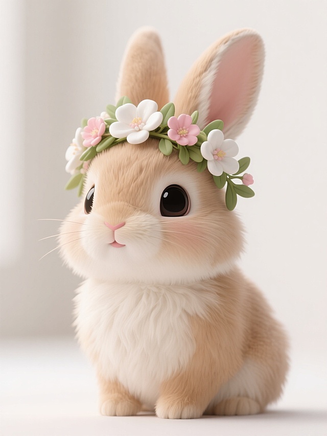 一只戴着精致花环的可爱兔子，花环由白色、粉色花朵和绿色枝叶组成，兔子毛发柔软蓬松，呈浅棕色，眼睛大而黑亮，姿态优雅，背景为简洁明亮的浅色空间，营造出温馨甜美的氛围。