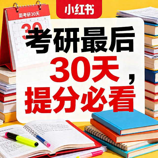 考研引流主题小红书封面，视觉冲击力强，醒目大字体文案“考研最后30天，提分必看”，搭配考研倒计时日历、复习资料元素，对比鲜明的高饱和度配色，吸睛引流，方形构图适合小红书展示