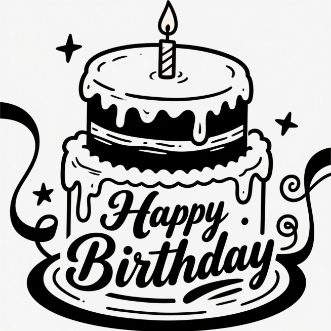 纯黑色线条绘制的三层生日蛋糕插画，顶层有一根点燃的蜡烛，每层蛋糕边缘有滴落状奶油装饰，蛋糕下方环绕着优雅的手写体"Happy Birthday"文字，文字周围点缀着星星和卷曲的丝带装饰，整体风格为简约卡通手绘，线条流畅自然，保持纯色背景，变换为波普艺术风格，增加鲜艳的色块填充和粗黑轮廓线，文字采用更具装饰性的艺术字体，保留原有蛋糕和元素布局但赋予更强烈的视觉对比和现代感。预览效果