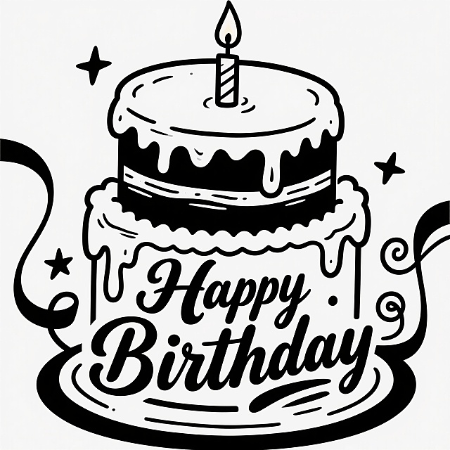 纯黑色线条绘制的三层生日蛋糕插画，顶层有一根点燃的蜡烛，每层蛋糕边缘有滴落状奶油装饰，蛋糕下方环绕着优雅的手写体"Happy Birthday"文字，文字周围点缀着星星和卷曲的丝带装饰，整体风格为简约卡通手绘，线条流畅自然，保持纯色背景，变换为波普艺术风格，增加鲜艳的色块填充和粗黑轮廓线，文字采用更具装饰性的艺术字体，保留原有蛋糕和元素布局但赋予更强烈的视觉对比和现代感。