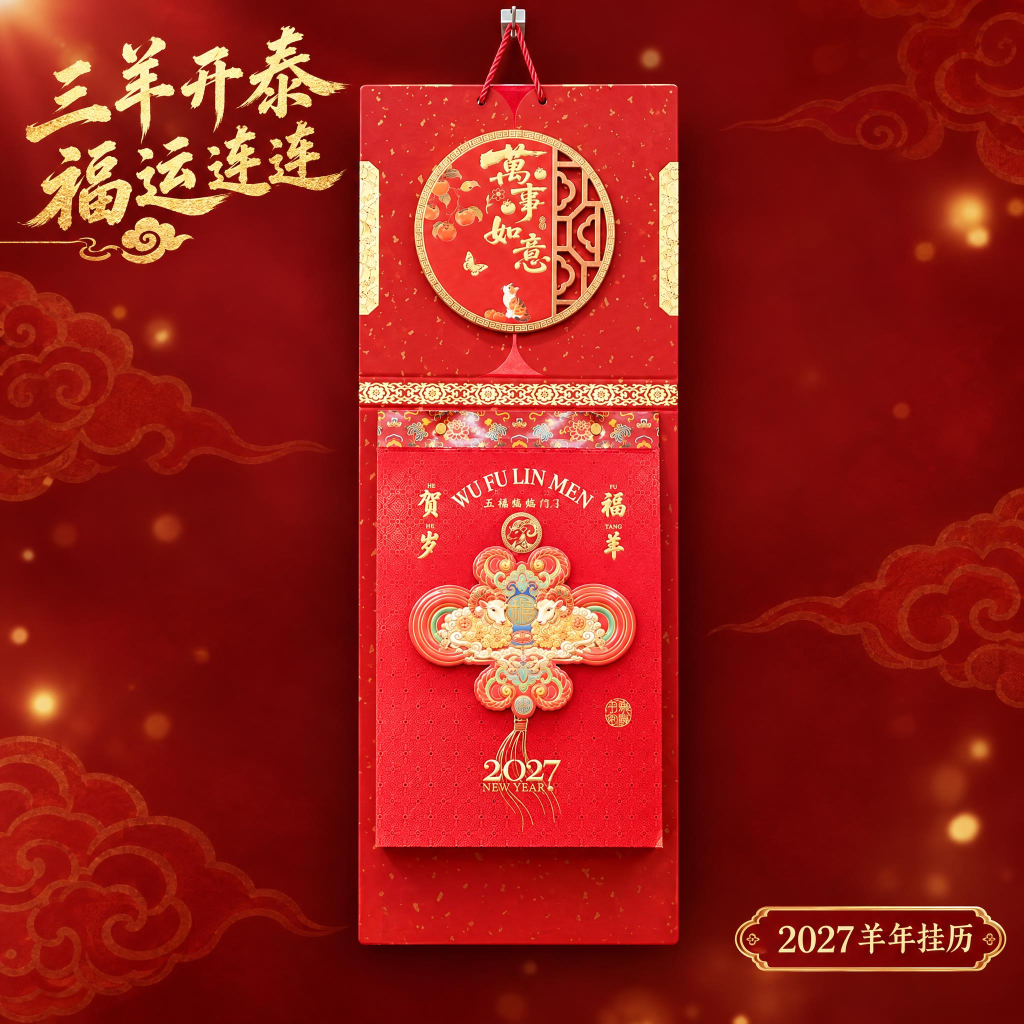 三羊开泰中国结挂历单独展示，淘宝主图规格高清图。产品居中悬挂展… - 图片创意预览