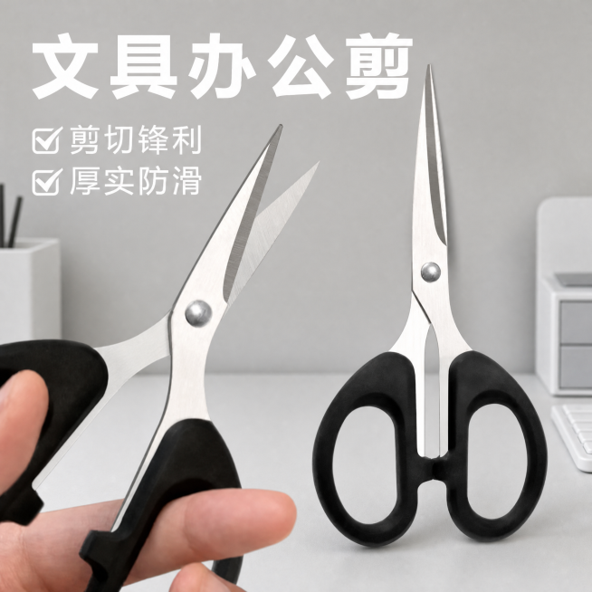 更换为干净简约的浅灰色桌面办公场景，保持剪刀、文字和物品摆放不变预览效果