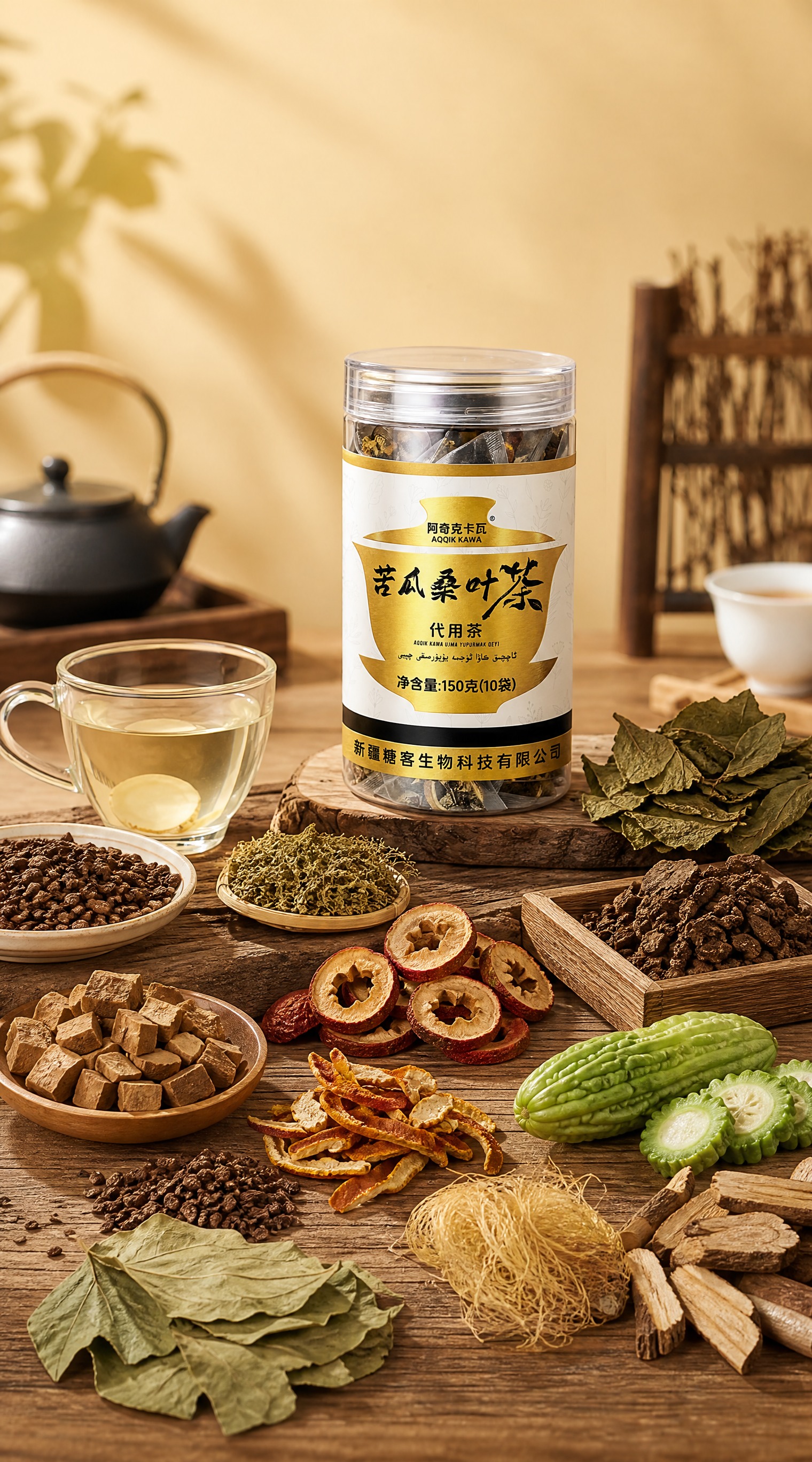 以第一张图的中式养生场景（木质桌面、暖黄色背景、茶杯、茶壶、木… - 图片创意预览