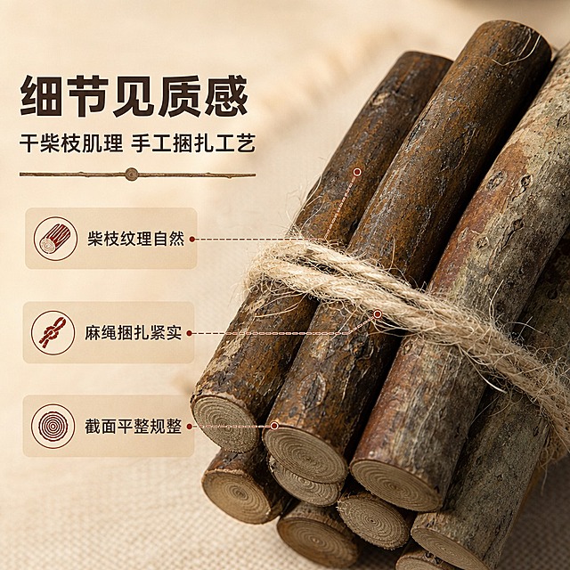 [商品] 使用【图3】喜庆小捆柴摆件（细节特写款）；保留干柴枝树皮纹理、截面年轮、麻绳编织捆扎细节、自然色泽差异；商品处理：保留产品原貌与材质细节，去除背景反光，增强柴枝肌理、木纹截面和麻绳纤维的质感，不改变结构。
[画面] 页面目标：细节质感展示，放大干柴枝肌理与捆扎工艺，体现做工规整。构图：左文右图，右侧产品微距特写占画面约60%，左侧留白放文字说明；前景为柴枝截面特写，中景为麻绳捆扎处，背景虚化暖米色；阅读动线从左到右。景别：微距特写。产品角度：斜俯视特写捆扎处与柴枝截面。
[视觉] 套系策略：风格=暖调质朴农家风商业摄影；标题字=阿里巴巴普惠体粗体；正文字=阿里巴巴普惠体常规体；主色=暖棕+米杏；背景延展=基于米杏色做深浅层级、同色渐变和麻布/原木肌理质感；强调色=土红色，仅用于小面积图标、引线和标签；标题色=深棕褐；正文色=暖灰棕；组件=圆角浅棕信息卡、麻绳纹理引线、木质感分割线；光影=左前侧暖柔光，柔和自然阴影，突出材质肌理。
[文字] 左侧主标题：细节见质感；副标题：干柴枝肌理 手工捆扎工艺；配3个细节说明：柴枝纹理自然 / 麻绳捆扎紧实 / 截面平整规整；用细线引线指向对应细节部位；全部文字横向排版，不遮挡主体。
[规格] 图片比例1:1，4K分辨率，负向提示：避免变形、错字、文字过小、冷蓝/冷灰背景、颜色改变、结构失真、极限词、违禁词、小标致图案、天然/环保/原生态等违规词、淘宝平台Logo及官方元素。