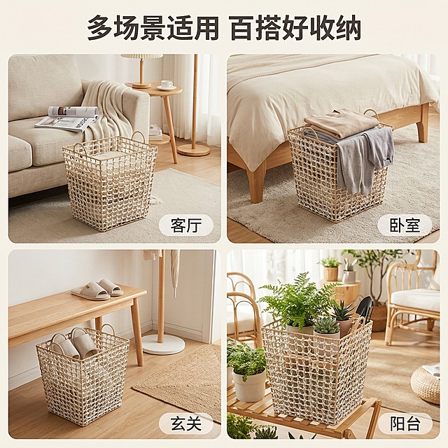 [垫图]用户上传的纸编收纳筐图
[主图主题]纸编收纳筐多场景适配展示
[氛围/风格]温馨居家风，不同场景统一暖调光影
[画面元素]四宫格拼图，分别展示收纳筐放在客厅沙发边放杂志、放在卧室床尾放衣物、放在玄关放拖鞋、放在阳台放绿植的四个使用场景，每个场景背景都保持浅奶油色+原木色的统一风格，产品外观与原图完全一致
[配色色系]主色调：米白+原木色；辅助色：各场景搭配的软装低饱和色彩
[视角构图]四宫格均等分布局，每个小格内为45度斜侧视角展示产品
[文字版式]顶部主标题“多场景适用 百搭好收纳”，每个小格右下角悬浮半透明胶囊标注对应场景名称，文字为深灰色，无额外底框
[比例分辨率]1:1比例，2K分辨率