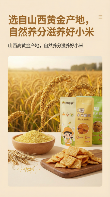 塔塔瓦0糖小米锅巴电商详情页，延续上一张设计风格，9:16尺寸，浅米色低饱和度背景，展示山西小米原料产地的自然金黄小米稻田场景，搭配新鲜小米和锅巴产品，突出山西小米原产地天然优势，文字说明"选自山西黄预览效果