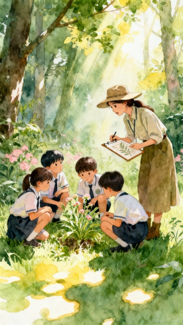 水彩插画风格，森林课堂场景，植物学家气质的女老师戴宽檐帽、手持标本夹，带领小学生观察奇花异草，阳光穿透树叶形成光斑，氛围清新治愈，突出老师对自然知识的探索引导力预览效果