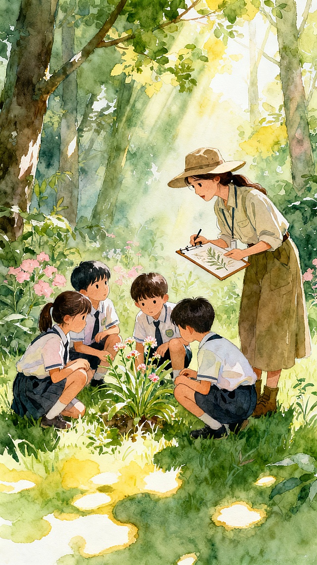 水彩风插画，清新柔和的光影洒落林间，师生共赏自然之美，文艺唯美，充满舒适感与治愈气息。