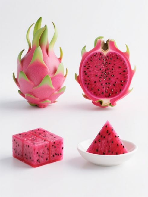 一组4个不同样式的红心火龙果元素，包含完整带绿叶的火龙果、对半切开展示内部红色果肉与黑色籽的火龙果、切成规整方块的火龙果果肉、以及放在白色小碟中的三角形火龙果块，所有元素在纯白色背景上呈现，采用高清晰写实风格，色彩鲜艳饱和，果皮呈亮粉红色带有绿色鳞片状叶，果肉鲜红多汁，黑色籽粒清晰可见，光影自然柔和，立体感强，整体干净清爽，符合现实水果形态逻辑，适合作为设计素材使用预览效果