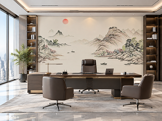 将参考图中的刺绣硬包山水背景墙完整安装在高端总裁办公室的主背景墙上，背景墙图案、颜色、细节完全保持不变，不得修改图案内容和色彩。办公室整体宽敞明亮，高端大气，现代轻奢商务风格，光线柔和自然，采光充足，有大型落地窗，摆放高端大班台、真皮办公椅、书柜、绿植等办公家具，空间开阔通透，真实摄影质感，超写实，高清细节，4:3横版构图，办公室场景色调自然真实，仅优化光线氛围，不改变背景墙图案的颜色和样式