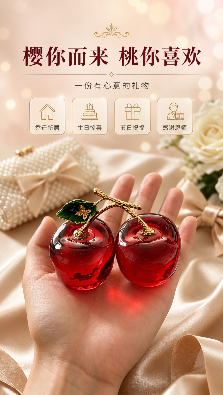[商品] 使用【图4】红水晶双果樱桃摆件；保留双颗红樱桃、金色… - 图片创意预览