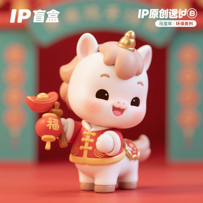 小马宝宝，有着蓬松柔软的毛发，Q版马年动漫IP形象设计，可爱的拟人化小马，圆圆的脸，可爱，开心的笑，穿着春节服饰，手上拿着有春节元素的物品，背景单色红色，小马可爱的歪着头看着镜头微笑，整体风格是卡通可预览效果