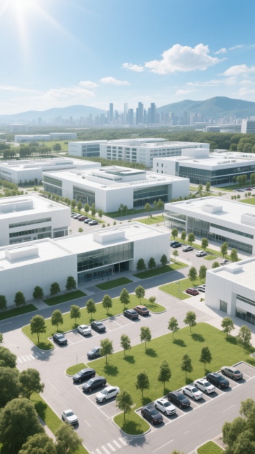 一个现代化科技园区的全景式鸟瞰背景，采用超写实3D渲染风格，以明亮的白色和浅灰色为主色调的建筑群，搭配大面积的绿色草坪和整齐排列的树木，停车场内停放着多辆汽车，远处可见连绵的城市天际线和山脉轮廓，晴朗的蓝天上飘着几朵白云，阳光从左上方照射下来，形成清晰的阴影和高光对比，整体呈现出开阔、整洁、充满科技感与自然和谐共存的氛围，画面具有极高的细节清晰度和空间纵深感。预览效果
