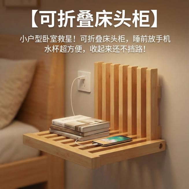 这是一款折叠床头柜，换个背景，要在室内，在床边，温馨一点，简约一点，把背景虚化，在床头柜上放上书，床头柜上方墙上有个插座，手机正在充电，在图中添加【可折叠床头柜】【小户型卧室救星！可折叠床头柜，睡前放预览效果