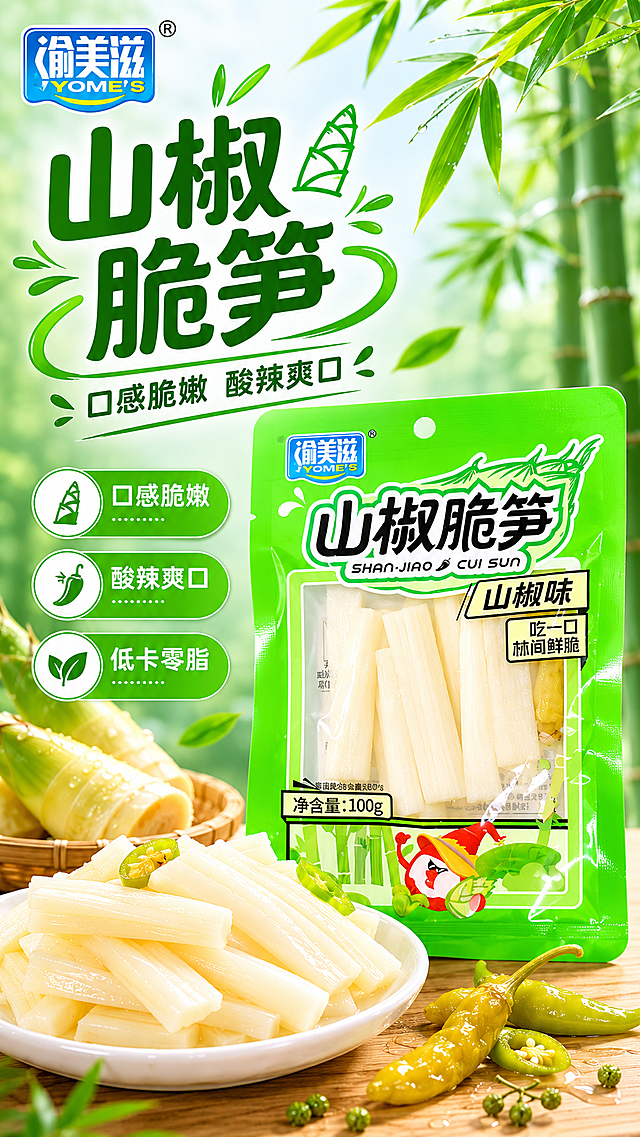 使用电商详情页技能根据商品图「图片1」「图片1」「图片1」「图片1」生成1套详情页，参考图为，商品名称为山椒脆笋，卖点为口感脆嫩；酸辣爽口；低卡零脂，适配平台为京东，图片比例为9:16，需求屏数为8张，模块包含 ，其他要求为