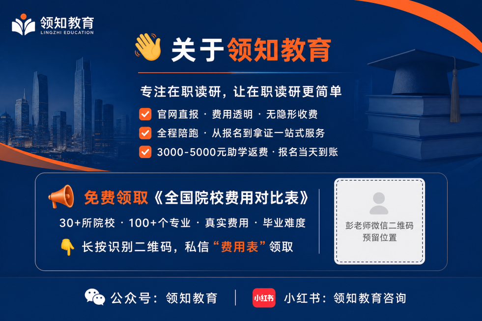 商务专业风格教育宣传结尾图，主色调为深蓝色 #1A3A6A 搭配橙色 #FF6B35，尺寸为900×600px。包含：左上角放置领知教育Logo，居中偏上区块显示标题👋 关于领知教育，正文为“专注在预览效果