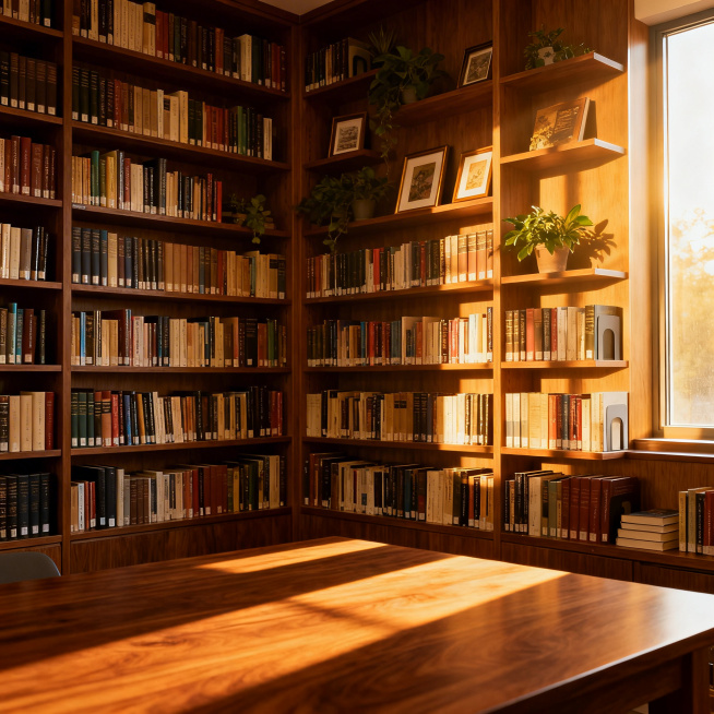 温暖风图书馆整体场景，前景是温暖胡桃木桌面，中景是整面墙实木书架，书架上密密麻麻摆满了各种开本的书籍，书脊颜色丰富错落有致，书架隔板上点缀着绿植和装饰相框，午后暖金色阳光从侧面大窗户斜照进来，在书架和预览效果