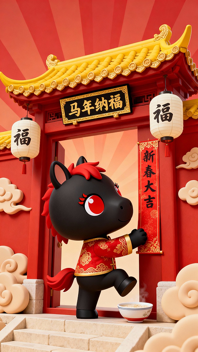 微仰视视角，暖红色调场景，柔和全局光照搭配暖红放射状渐变光效，中式门楼红墙金顶，黄色琉璃瓦翘角，檐下悬挂 “马年纳福” 金边黑底金字牌匾。门楼两侧挂带 “福” 字的米白色灯笼，周围环绕鼓鼓的暖米色立体祥云。画面中央是占比 30% 的黑色大头 Q 版黑马卡通 IP，红色巨眼配可爱红睫毛，短小红鬃毛，侧身朝向门楼，呈踮脚抬手贴春联的动态（一只后腿微微抬起支撑，前爪扶着红底金纹春联），身着红底金纹中式唐装，另一只前爪旁放着一碗米糊。门楼底部是米色石阶，背景暖红放射渐变，春联上隐约可见 “新春大吉” 字样