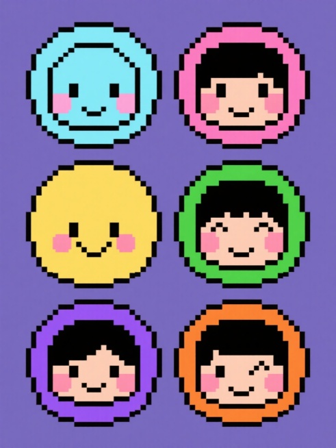 8-bit像素艺术风格，纯色背景，六个不同图案的系列素材集合规整排布，每个图案均为圆形头部配简单面部表情，保持黑色轮廓线、面部腮红特征，整体色彩分别变换为浅蓝、粉色、黄色、绿色、紫色、橙色，每个图案独立呈现，像素颗粒清晰，色彩鲜明，风格统一，无文字元素，视觉层级清晰，信息传达简洁，适合作为系列图标或装饰元素。预览效果
