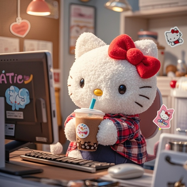 kitty cat拿着奶茶打工预览效果
