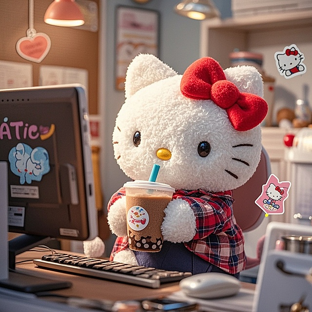 kitty cat拿着奶茶打工