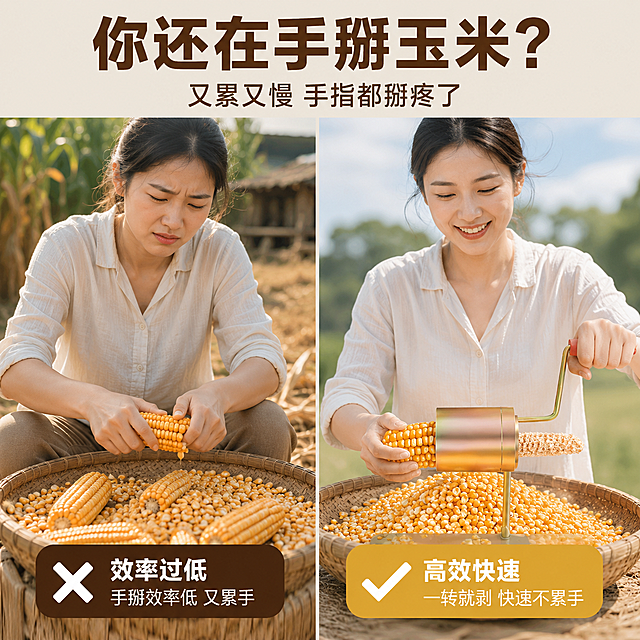 「图片1」「图片1」「图片1」「图片1」「图片1」「图片1」「图片1」「图片1」「图片1」，生成一套主图（5张），商品名称是玉米脱粒机，风格是户外治愈风，适配拼多多平台，主图比例为1:1
