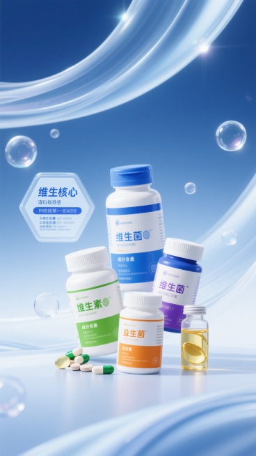 保健品促销海报，保持原图清新科技感的蓝白渐变色调风格，柔和的光晕效果与透明水泡元素环绕，中央放置不同类型的保健品瓶罐（如维生素片、益生菌胶囊、鱼油软胶囊等），瓶身采用蓝白主色调搭配其他辅助色（如绿色、橙色、紫色）以区分不同产品，产品名称以醒目蓝色大号字体展示，左侧以六边形信息框呈现产品核心卖点（如成分含量、功效特点等），整体构图遵循原有的视觉层级，背景为流动的弧形线条与光斑营造现代感，传达健康……预览效果