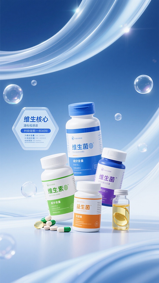 保健品促销海报，保持原图清新科技感的蓝白渐变色调风格，柔和的光晕效果与透明水泡元素环绕，中央放置不同类型的保健品瓶罐（如维生素片、益生菌胶囊、鱼油软胶囊等），瓶身采用蓝白主色调搭配其他辅助色（如绿色、橙色、紫色）以区分不同产品，产品名称以醒目蓝色大号字体展示，左侧以六边形信息框呈现产品核心卖点（如成分含量、功效特点等），整体构图遵循原有的视觉层级，背景为流动的弧形线条与光斑营造现代感，传达健康、专业、纯净的产品形象。