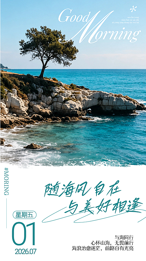 早安日签海岸向海而行治愈清新高级感朋友圈手机竖版海报